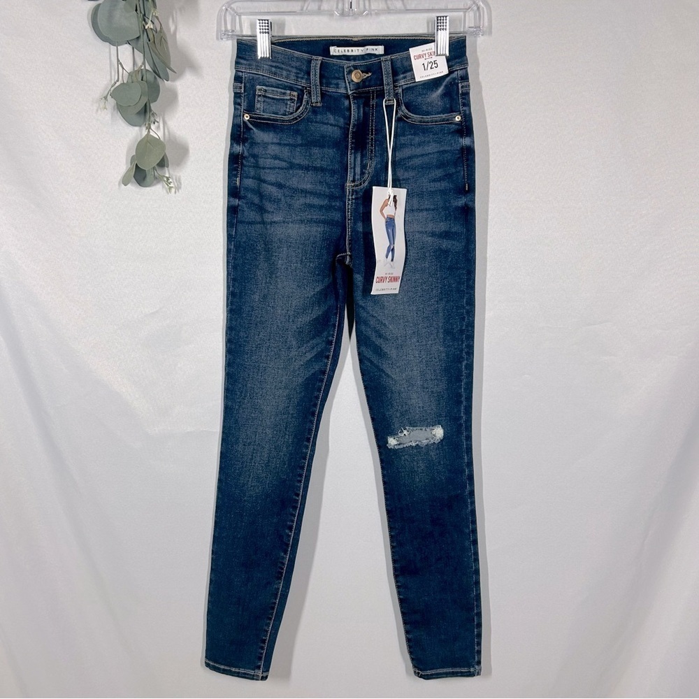 NWT Celebrity Pink | Curvy Skinny Hi-Rise Blue Distressed Jeans Size 1/25
